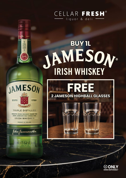 John Jameson Irish Whiskey 1L + Free 2 Highball Glass