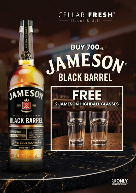 John Jameson Irish Whiskey Black Barrel 700ml + Free 2 Highball Glass